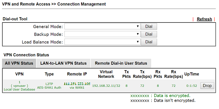 a screenshot of DrayTek VPN connection status